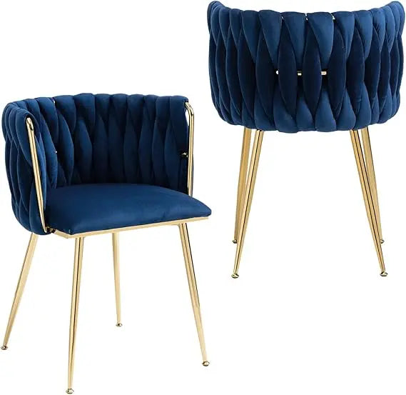 Velvet Dining Chairs Set of 2, Woven Upholstered Dining Chairs with Gold Metal Legs, Modern Accent Chairs for Living Room,