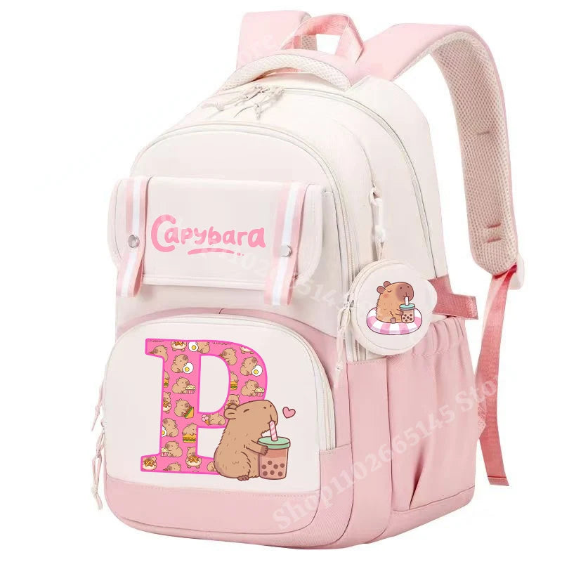 Capibara Cute Backpack Girl Anime Capybara Letter A-Z School Bags Kids Outdoor Sport Shoulders Bag Travel Rucksack Children Gift