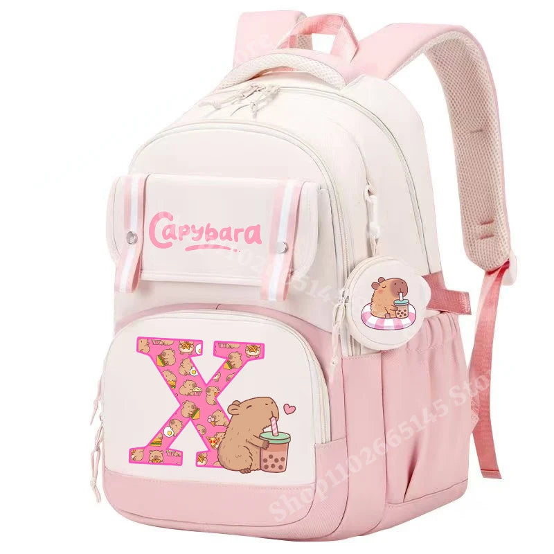 Capibara Cute Backpack Girl Anime Capybara Letter A-Z School Bags Kids Outdoor Sport Shoulders Bag Travel Rucksack Children Gift