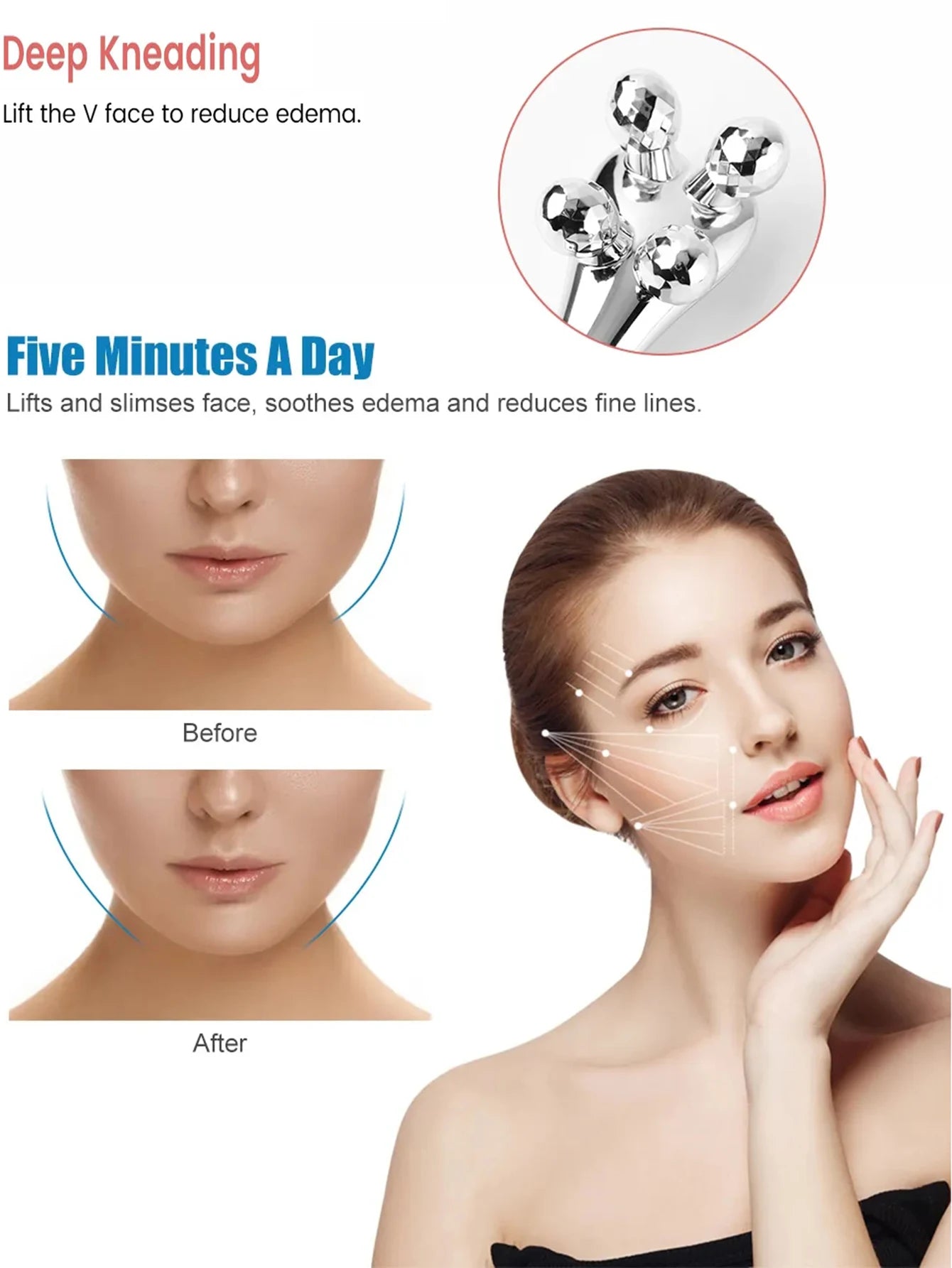 1 Pcs 4D Roller Face-lift Wrinkle Silver Y Shape Roller Facial Eye Neck Muscle Relaxation Slimming Massager Relaxation Tools