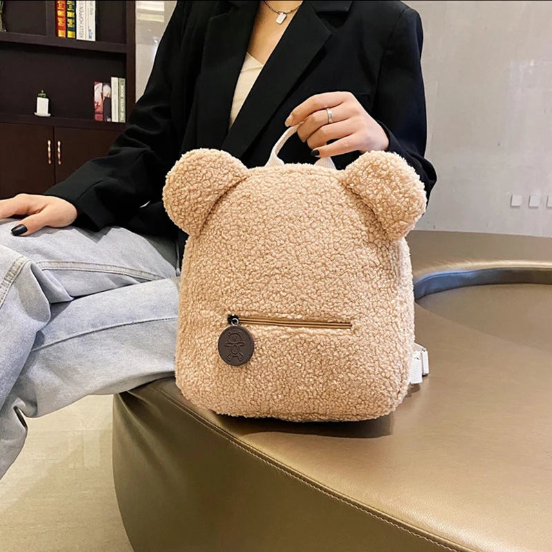Cute Bear Ear Plush Backpack for Kids Adult Lamb Fleece Shoulder Bag High-capacity Korean Parent-Child Bags Boys Girls Backpacks
