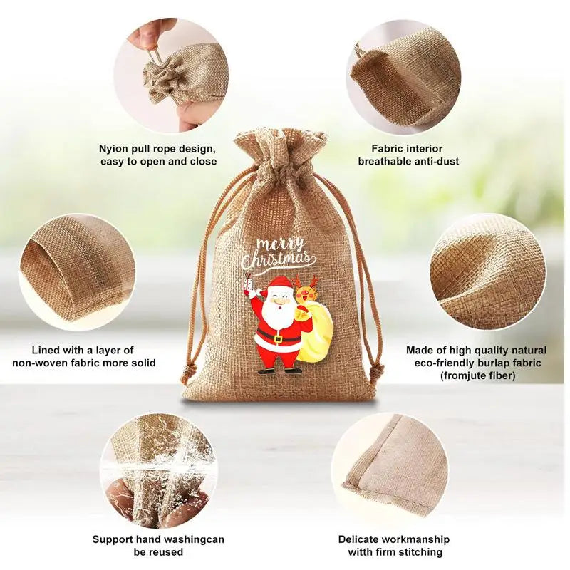 15pcs Set 13*18cm New Christmas Linen Drawstring Gift Bags, Jewelry Gift Bags, Party Drawstring Gift Pouches in Random Patterns