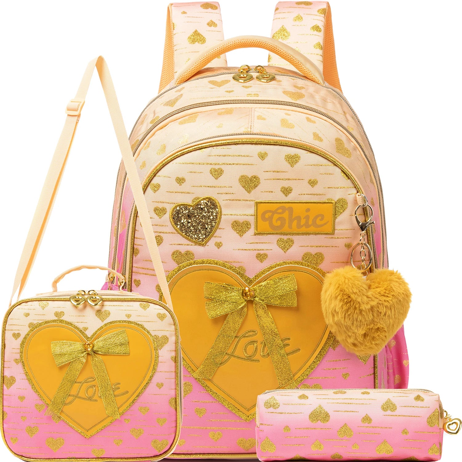 New Bowknot Ribbon Backpack Girls Backpack with Lunch Bag and Pen Bag for Elementary School for Picnic Travel Best Gift