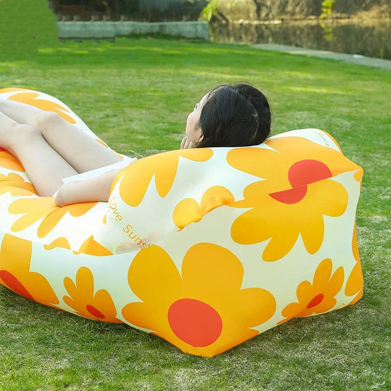 Outdoor Lazy Non Inflatable Sofa Folding Portable Air Cushion Bed Picnic Camping Yellow White Air Bed