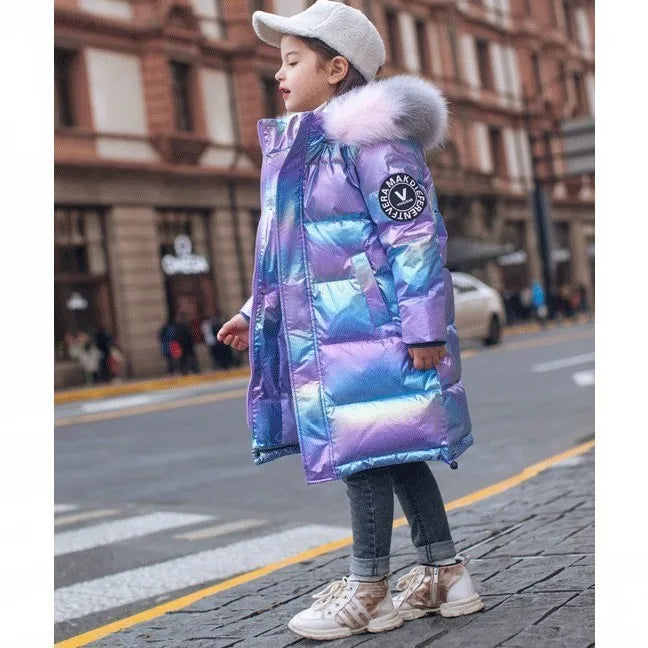 5-14 Years Old Winter Boys Girls Jacket Long Style Hooded Fur Collar Colorful Heavy Coat For Kids Children Outerwear