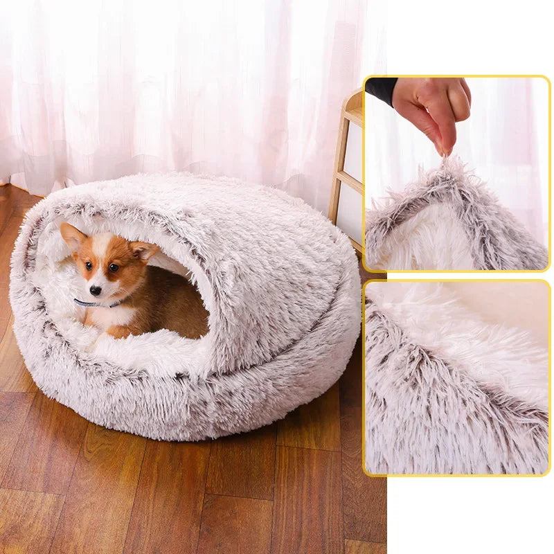 Snooze Cat Bed Round Plush Fluffy Hooded Cozy Cat Bed Cave for Indoor Donut Self Warming Small Dog Bed Anti-anxiety for Winter