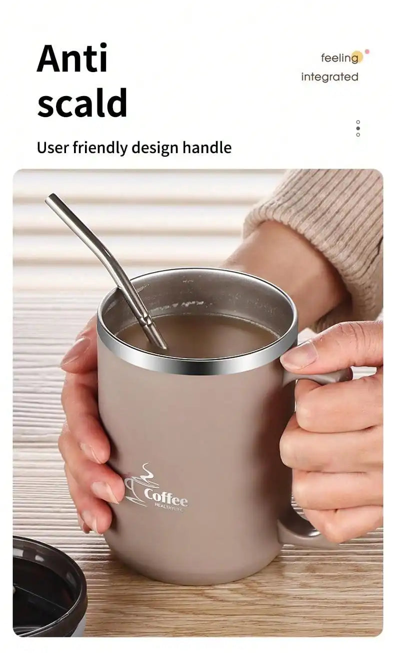 450ML Thermos Mug 304 Stainless Steel Double Wall Insulated Milk Coffee Cup With Handle & Lid Leak-proof Drinking Cup Drinkware