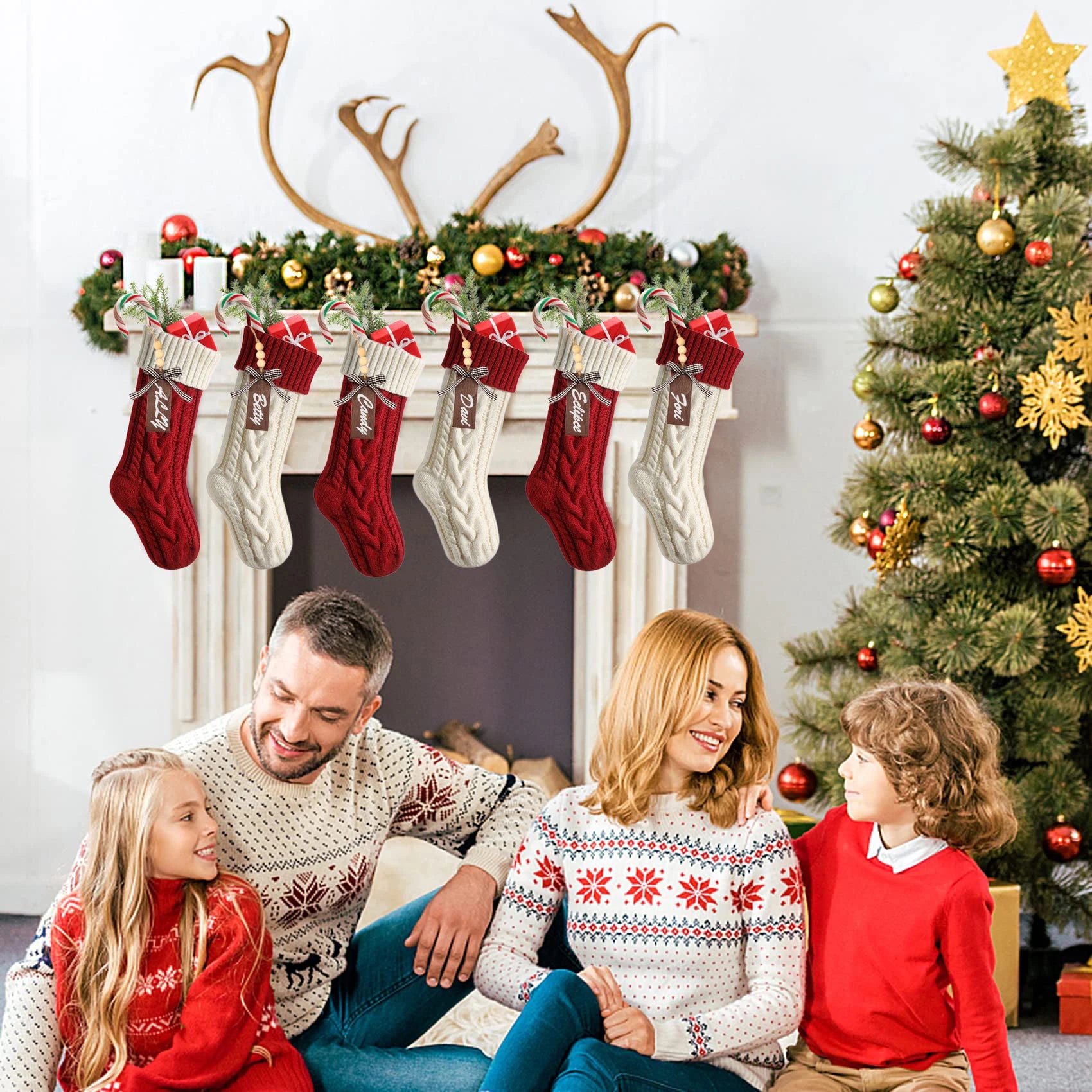 4-12PACK Christmas Stockings 18Inches Large Cable Knitted Stocking Xmas Hanging Stocking Decorations with Name Tags