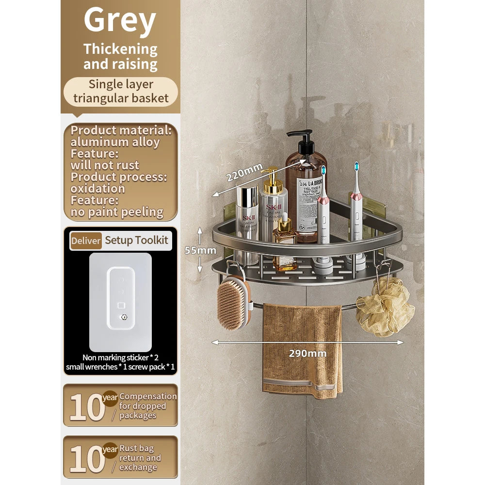 No Need to Drill Walls for Installation Aluminum Bathroom Shelf Shelves Shampoo Rack Storage Holder Kitchen Organizer