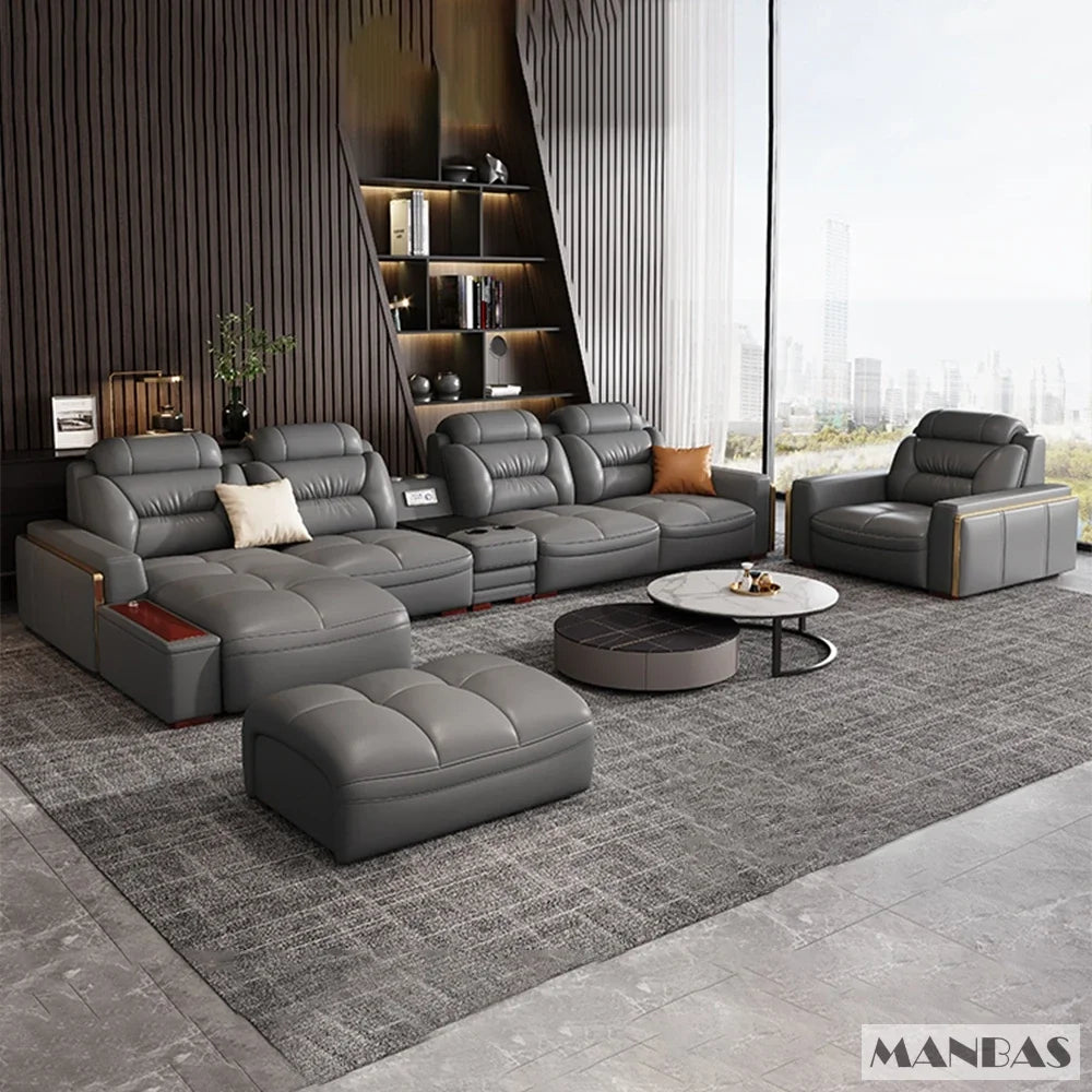 Premium Italian Genuine Leather Sectional Sofa Sets Couch Sofas with USB and Bluetooth Speaker - MANBAS Living Room Furniture