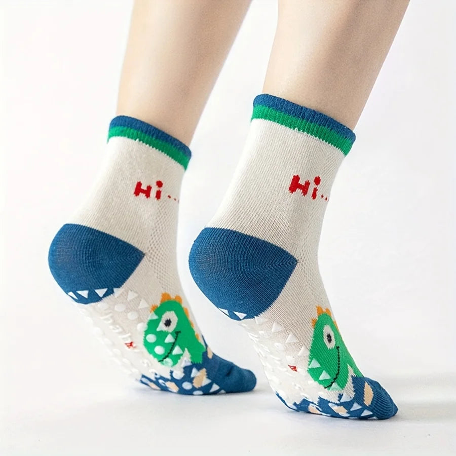 5 Pairs of Floor Socks Cartoon Glue Floor Socks Letter Stripes Animal Dinosaur Baby Socks for Boys and Girls Soft Bottom Indoor Non-Slip Socks Suitable for Daily Life