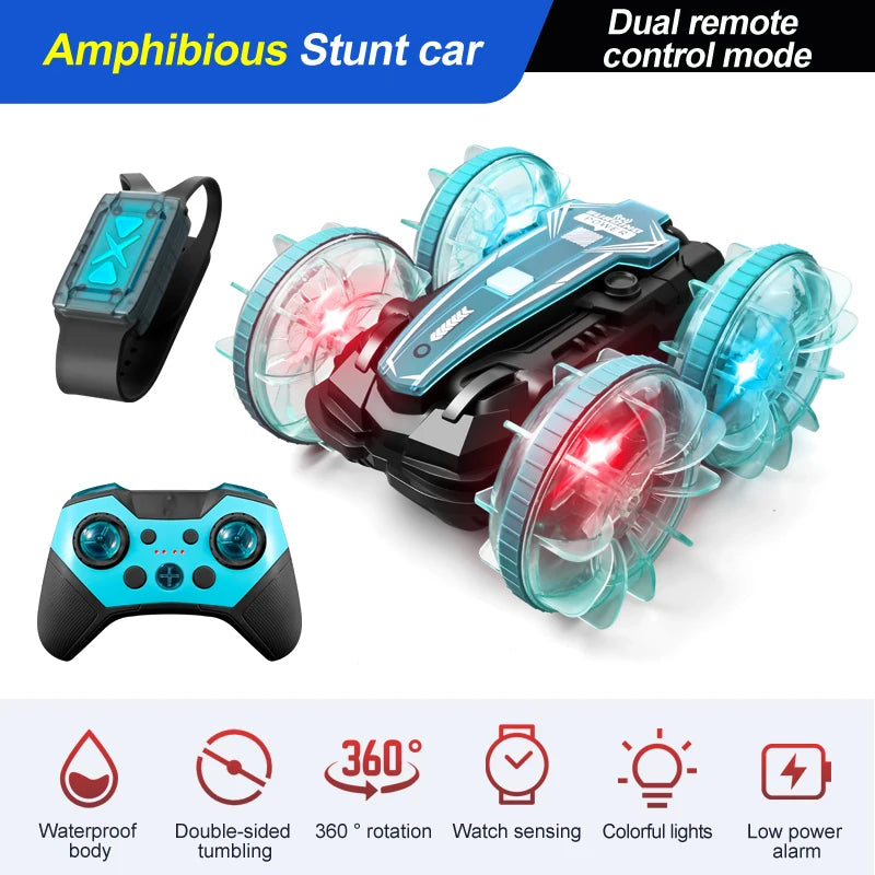 New LED Amphibious RC car Dual remote control waterproof stunt car double side flip drift drive 360 ° rotation rc cars Kids toy