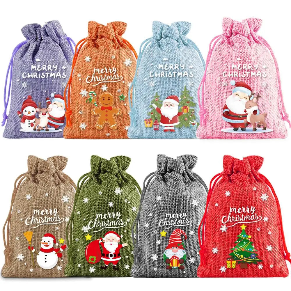 15pcs Set 13*18cm New Christmas Linen Drawstring Gift Bags, Jewelry Gift Bags, Party Drawstring Gift Pouches in Random Patterns