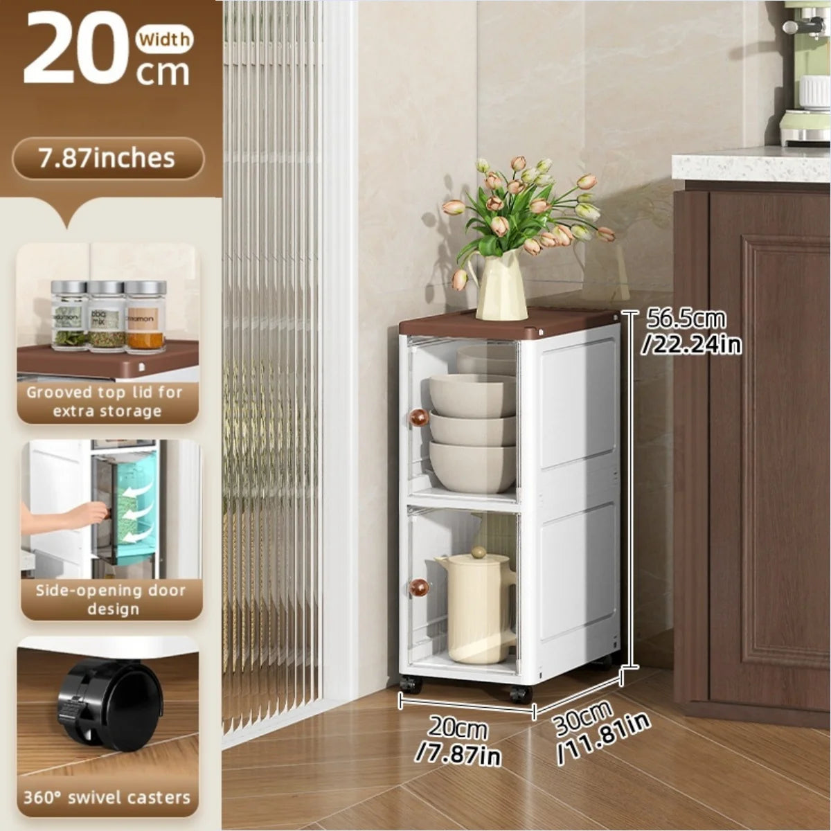 The transparent storage cabinet with wheels in the gap saves space in the kitchen and living room for storing snacks