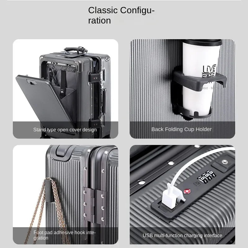 24"26 Inch Travel Suitcase Aluminum frame Wide Trolley Case Carry-on Luggage with Cup Holder 20Inch Boarding Box Rolling Luggage