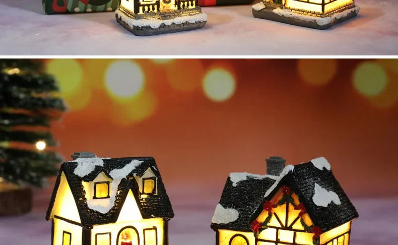 Christmas Decoration House LED Light Xmas Durable Ornaments Small Resin Mini House Miniature Village Building for Home Kids Gift