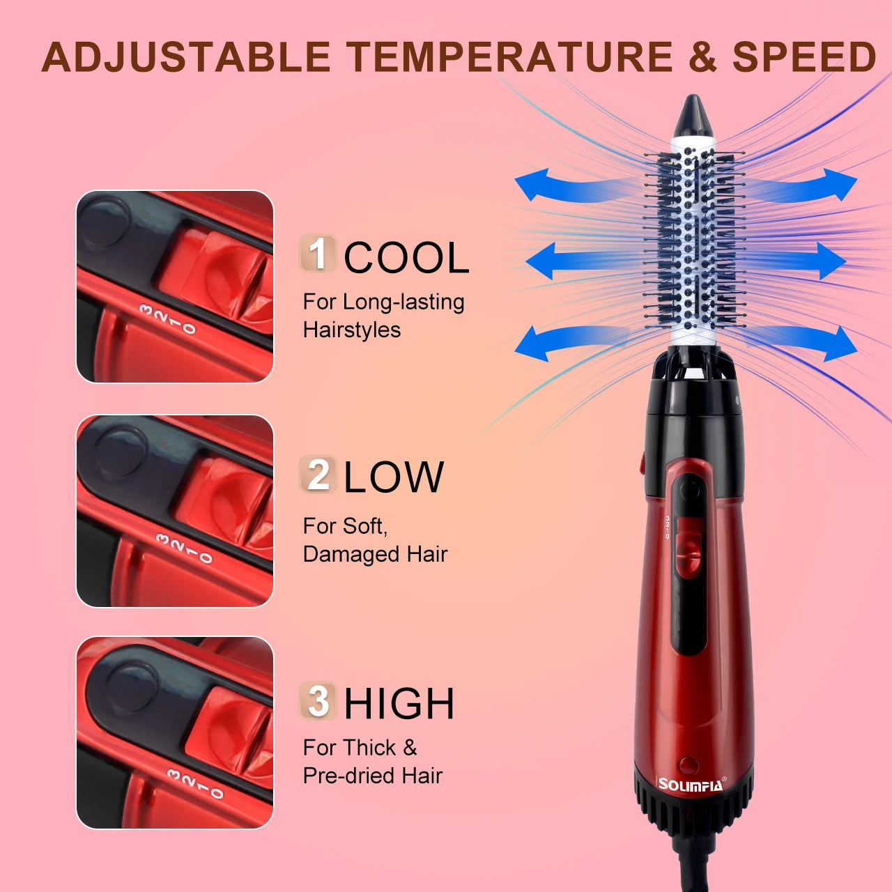 Solimpia 3-Head Hot Air Brush Hair Dryer Strong Wind Electric Straightener Curler Roller Comb Blower Styling Tool for Woman 800W