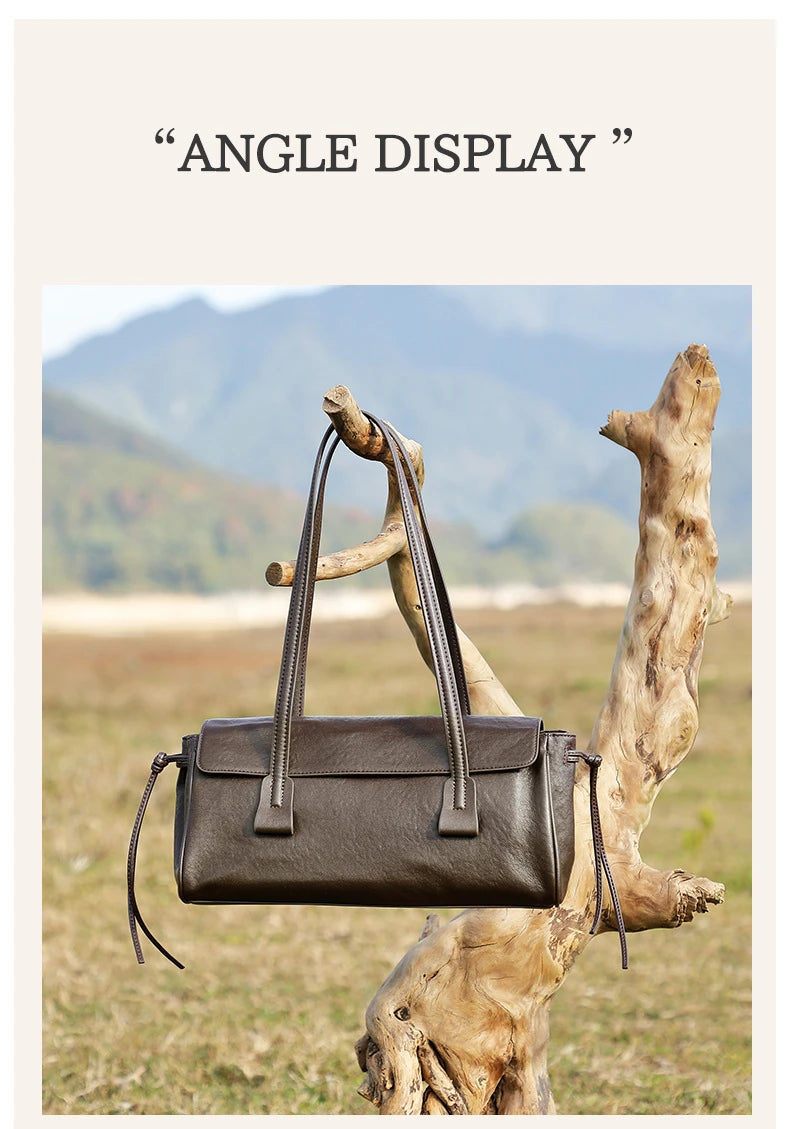 2025 New Genuine Leather Women's Shoulder Bag Large Capacity Cowhide Luxury Handbag Long Strip Black Baguette Bag Female