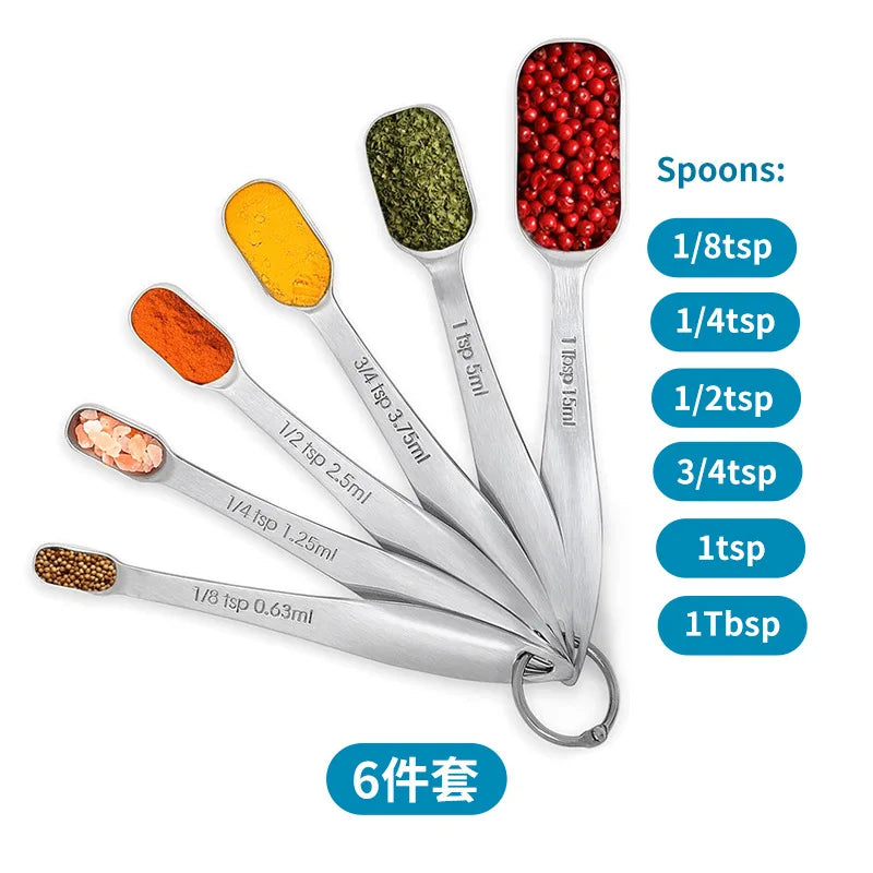 Metal Measuring Spoons for Narrow Spice Jars 6 Piece Measuring Spoons with Etched Markings & Removable Clasp