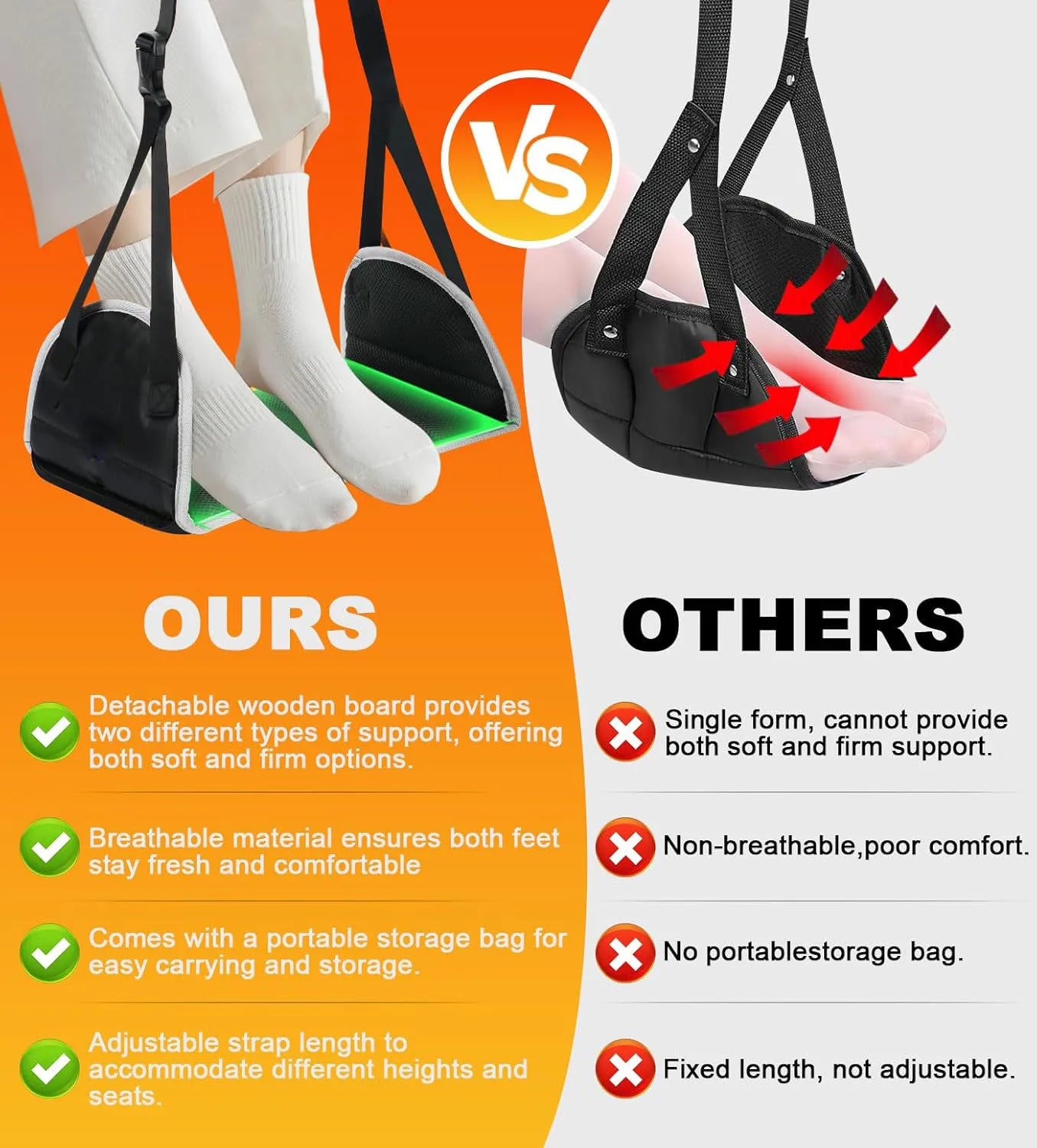 Airplane Foot Hammock Adjustable Foot Rest by Thicked Memory Cotton Filling, Travel Essentials with Removable Support Plates