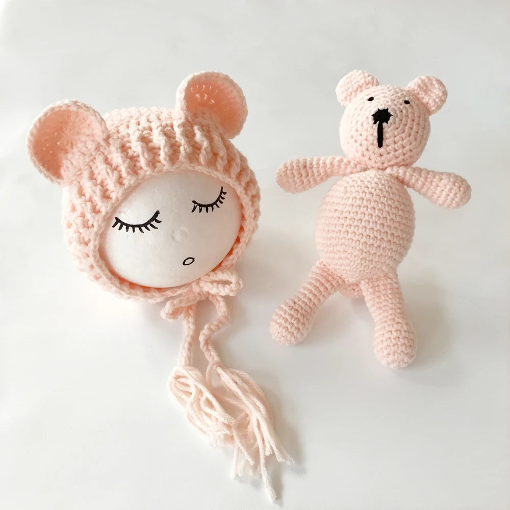 2PCS Newborn Photography Prop Baby Beanie Caps Dolls Toys Girls Boys Infant Baby Crochet Knitted Hat Photoshoot Accessories