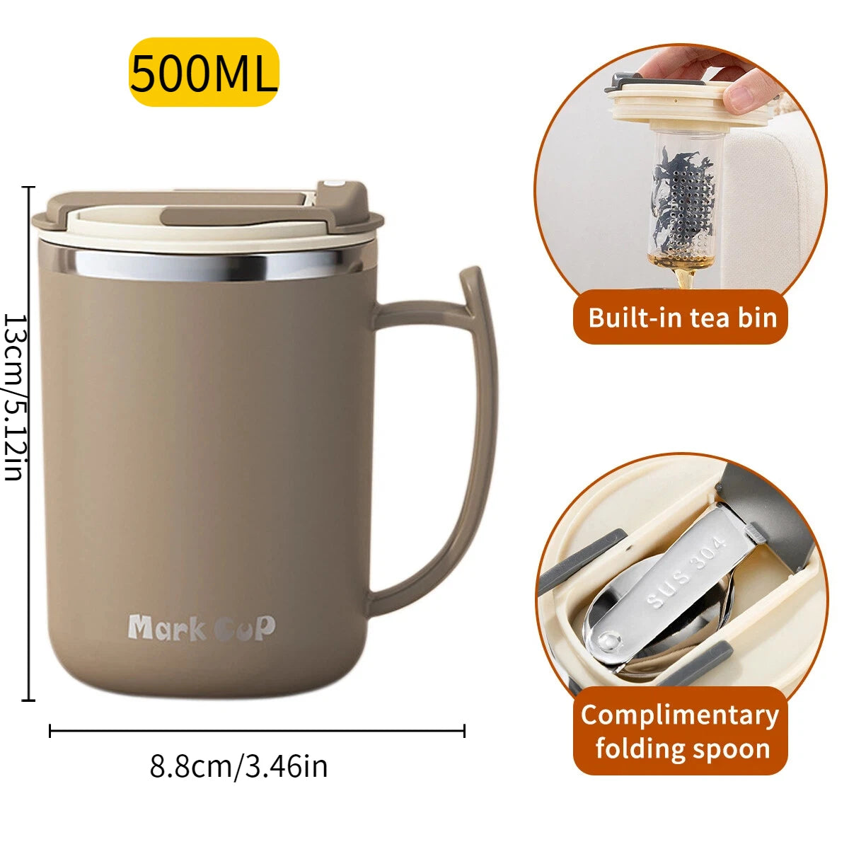 500ml Double-layer Mug 304 Stainless Steel Insulated Coffee Cup With Handle Portable Sealed Water Cup Drinkware For Student Kid