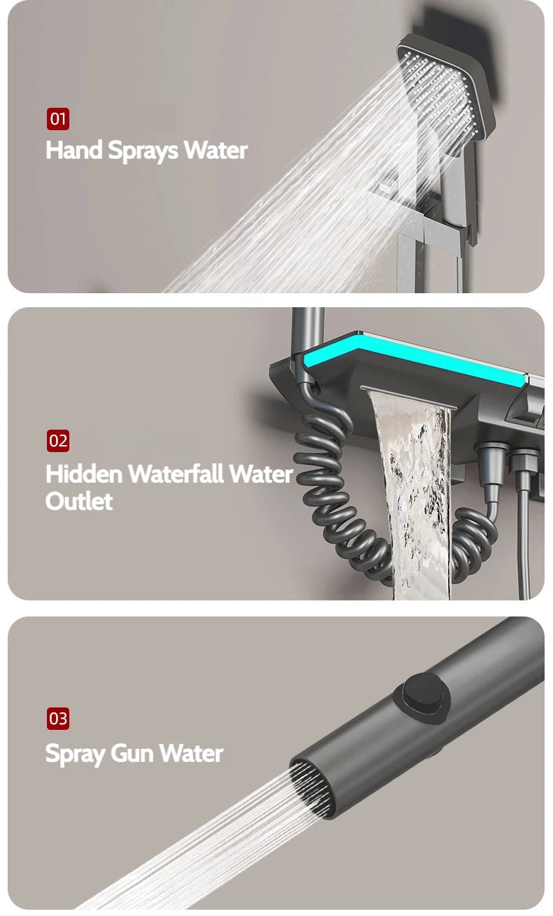 Grey Brass Waterfall Wall Mount Smart Temperature Digital Display Bathtub Faucet Bathroom Faucet Bath Shower Faucet Mixer Crane