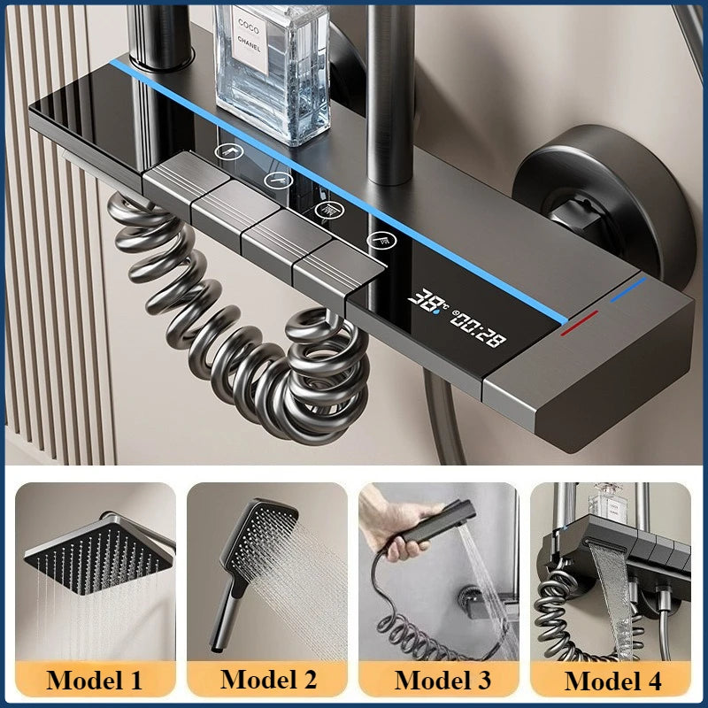 Grey Intelligent Digital Shower System Wall Mounted Bathroom Shower Faucet Set Temperature Display Rainfall Bathroom Shower Set