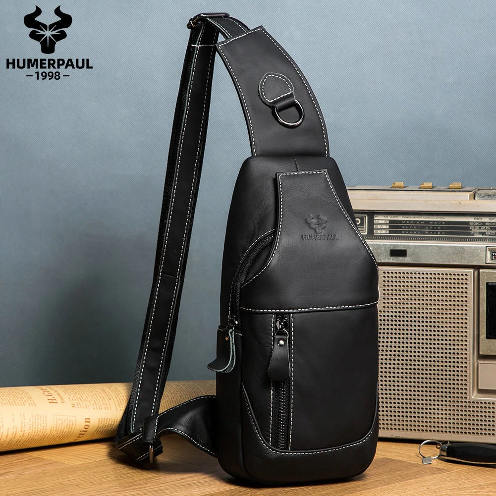 HUMERPAUL New Men's Chest Bag Crossbody Pack Genuine Leather Large Capacity Casual Messenger Bag Retro Men Handbag Shoulder Bag