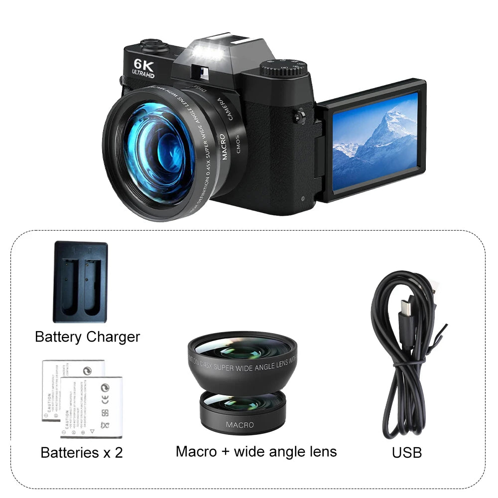 6K Digital Photography Camera 16X Digital Zoom 64MP Vintage Vlog Video Recorder YouTube 180° Flip Screen WiFi Web Cam With Flash