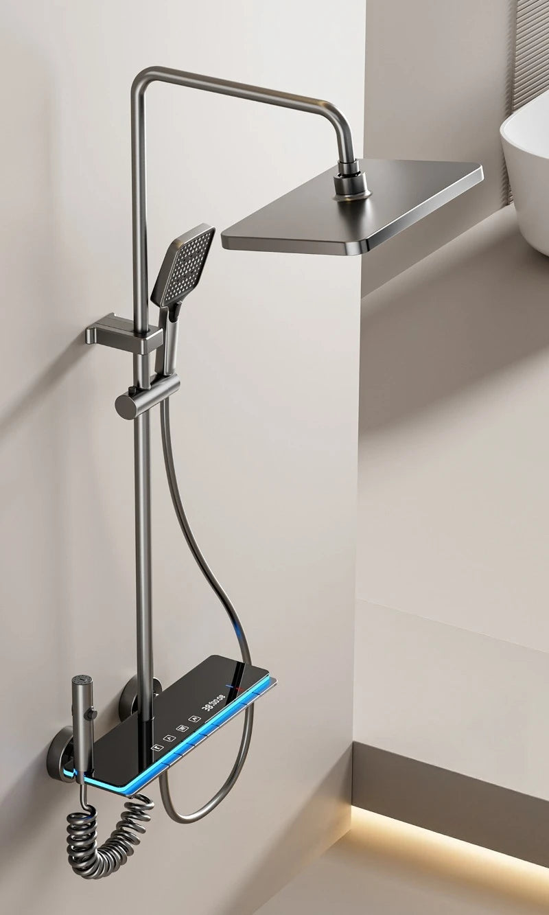 Grey Shower System with Ambient Light Intelligent Digital Shower Faucet Set Temperature Display Rainlfall Bathroom Shower Set
