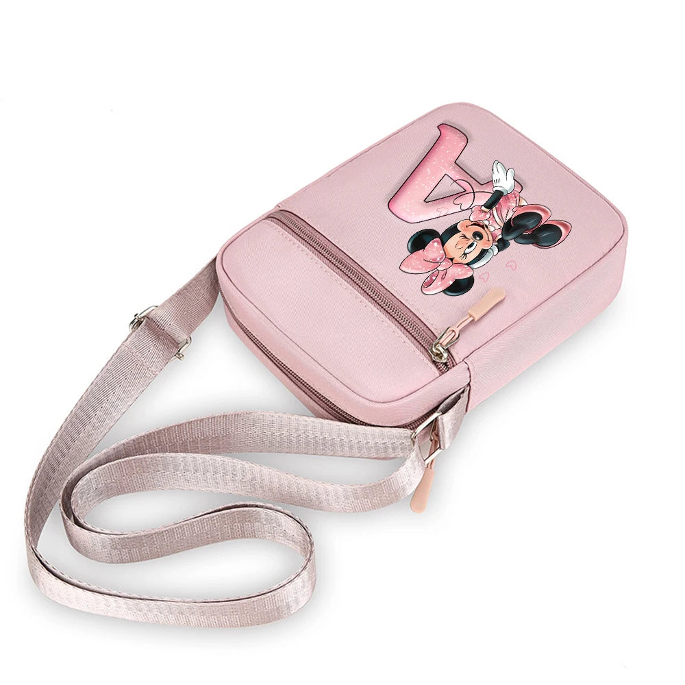 Mickey Minnie Disney Women Pink Shoulder Bag Fashion Mini Oxford Mobile Phone Bag Crossbody Bag Kawaii Ladies Waist Pack Gift