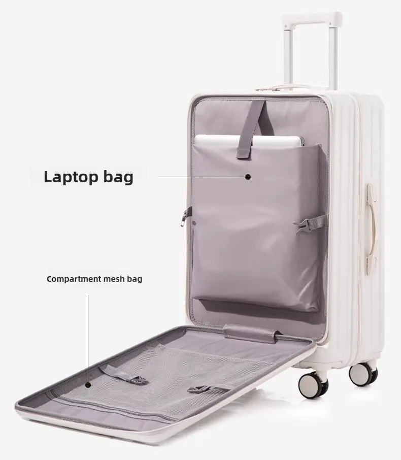 Multifunction Large Capacity Luggage Business Carry on Boarding USB Charging Cup Holder Front Opening Lid Trolley Suitcase