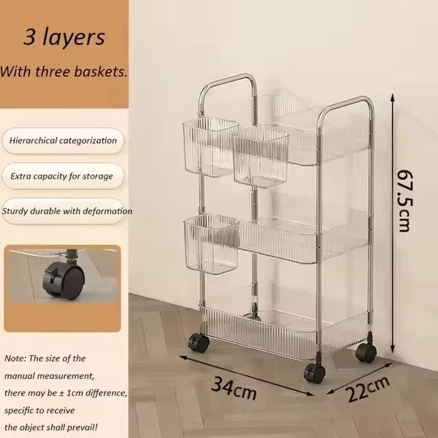 3 Layers Transparent Storage Rack Trolley Acrylic Rolling Cart with Hanging Basket Bathroom Acrylic Makeup Bookshelf organizer