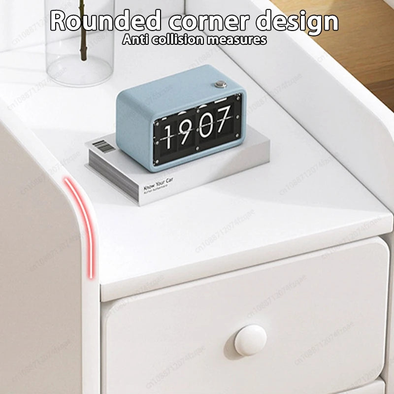 Minimalist Ultra Slim Nightstand Modern Narrow Bedside Table with Open Shelf and Drawers Space Saving Storage for Small Bedroom