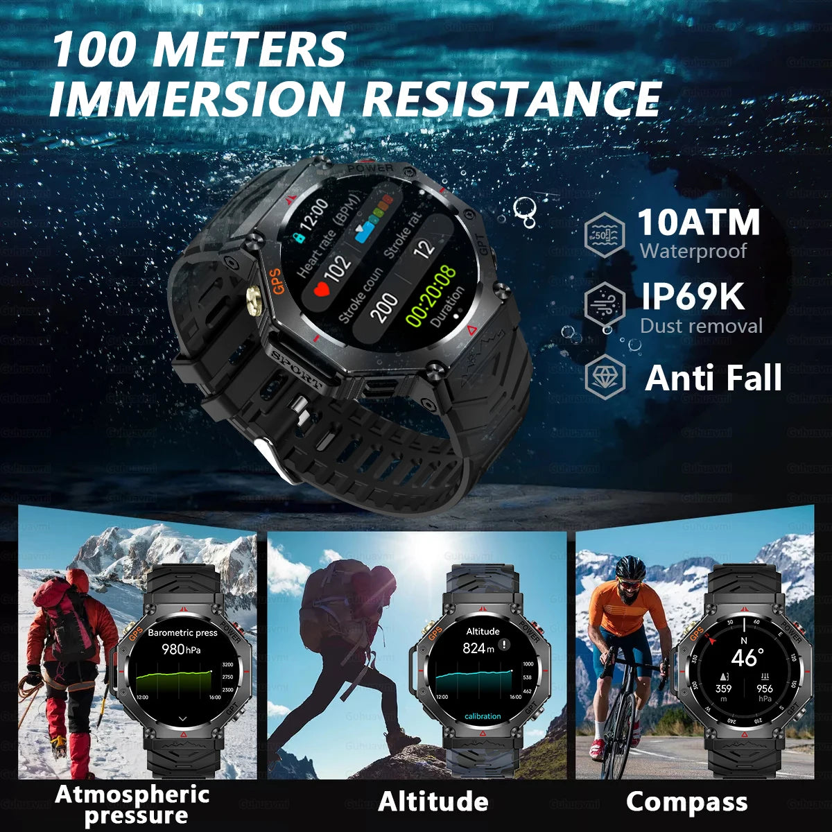 Military Smart Watch T-Rex 3 Bulit-in GPS Compass Altimeter Barometric 10ATM IP69K Waterproof AMOLED Bluetooth Call Smart watch