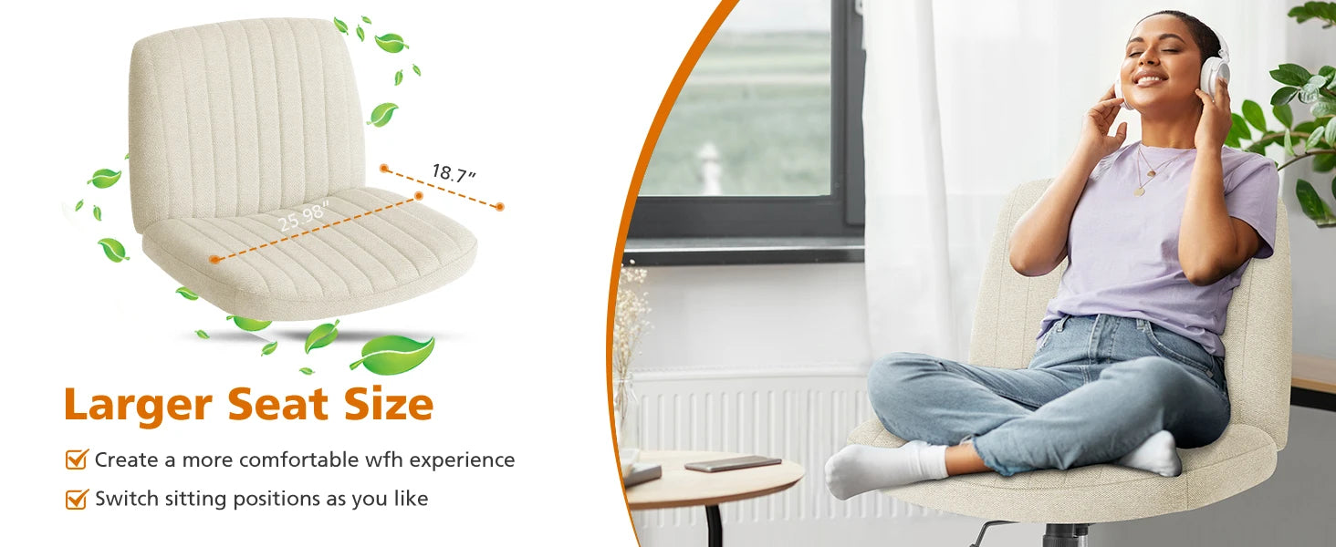 Armless Office Chair Adjustable Swivel Rocking Gaming Cross Legged Wide Desk Fabric