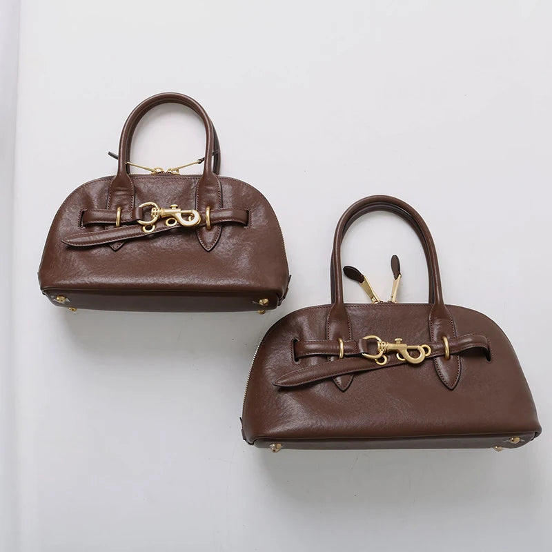 2025 Luxury Brand Genuine Leather Women Handbags Fashion Gold Buckle Shoulder Bags Women Spring Retro Sheepskin Boston Bags Lady