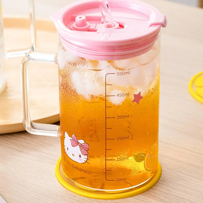 For Sanrio Collaboration Straw Glass Cup Transparent Coffee Mug Cartoon Print Water Cup with Scale＆Handle Home/Office Drinkware