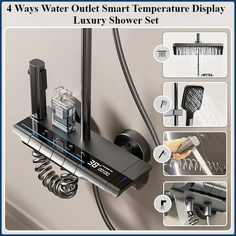 Smart Temperature Digital Display Shower Set Bathroom Wall Mounted Piano Key 4 Ways Water Outlet Rainlfall Shower Faucet System
