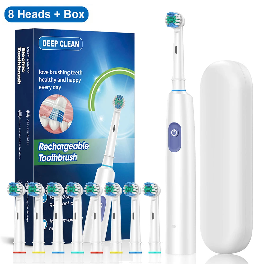 Electric Rotating Toothbrush Deep Clean Whitening Teeth for Adult Ultrasonic Toothbrush with 4/8pcs Refill Replacement Heads