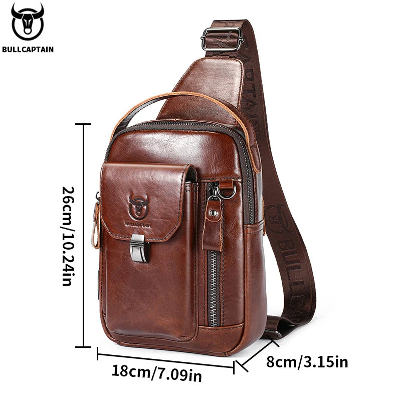 BULLCAPTAIN Men's Genuine Leather Chest Bag Casual Retro 7.9-inch Mobile Phone Bag Multifunctional Anti-Theft Crossbody Bag