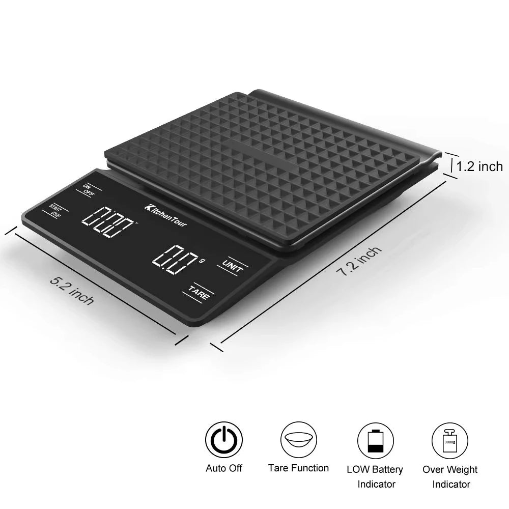 Digital Coffee Scale with Timer 3kg Multifunction Kitchen Tools 0.1g Precision LCD Display for Pour over Drip Espresso Weighing
