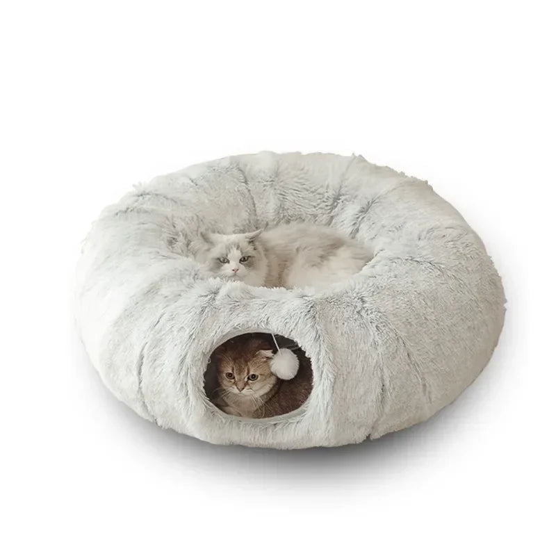 Winter Plush Cat Bed with Tunnel for Indoor Cats, Multifunctional Cat Tunnel Bed with Peephole, Fluffy Donut Cat Bed with Tunnel
