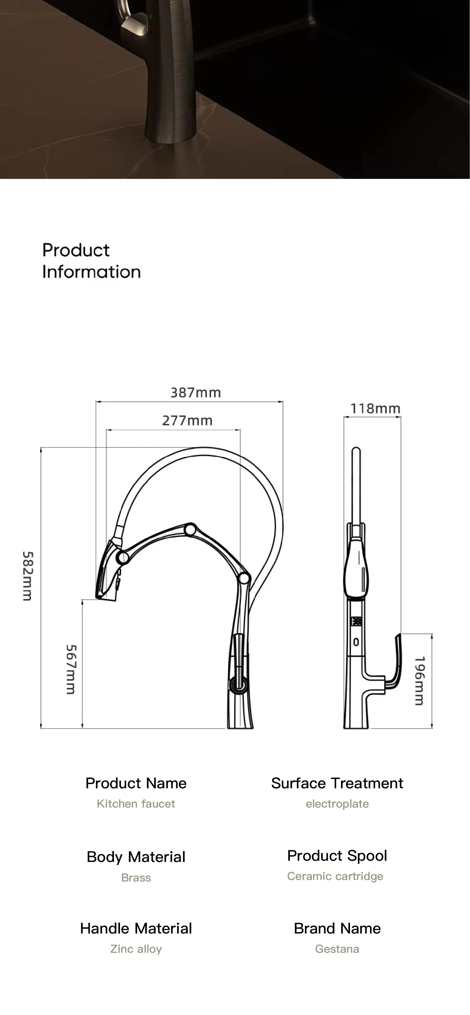 Luxury Gunmetal Brass Kitchen Faucet with LED Display,Sensor&Pull-Out 3-Function Spray,Touchless High Pressure Water-Saving Tap