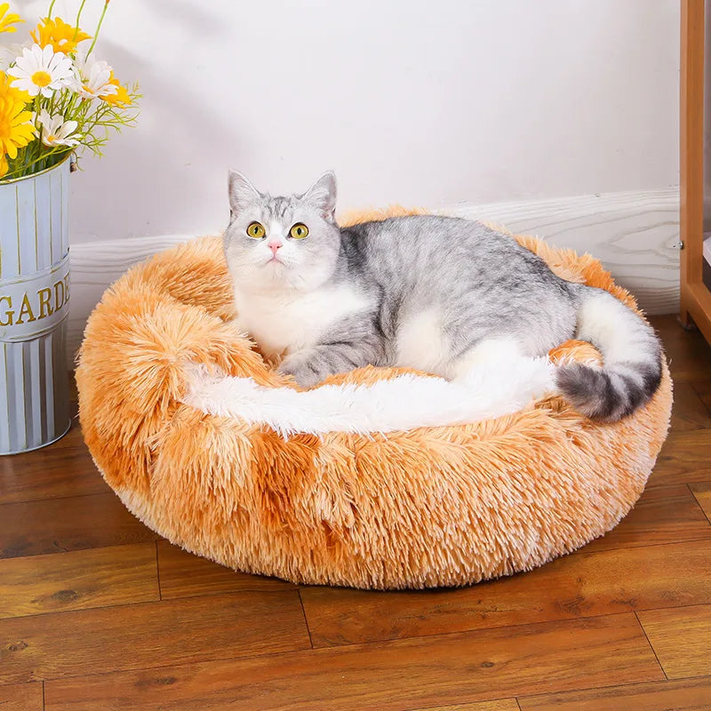 Snooze Cat Bed Round Plush Fluffy Hooded Cozy Cat Bed Cave for Indoor Donut Self Warming Small Dog Bed Anti-anxiety for Winter