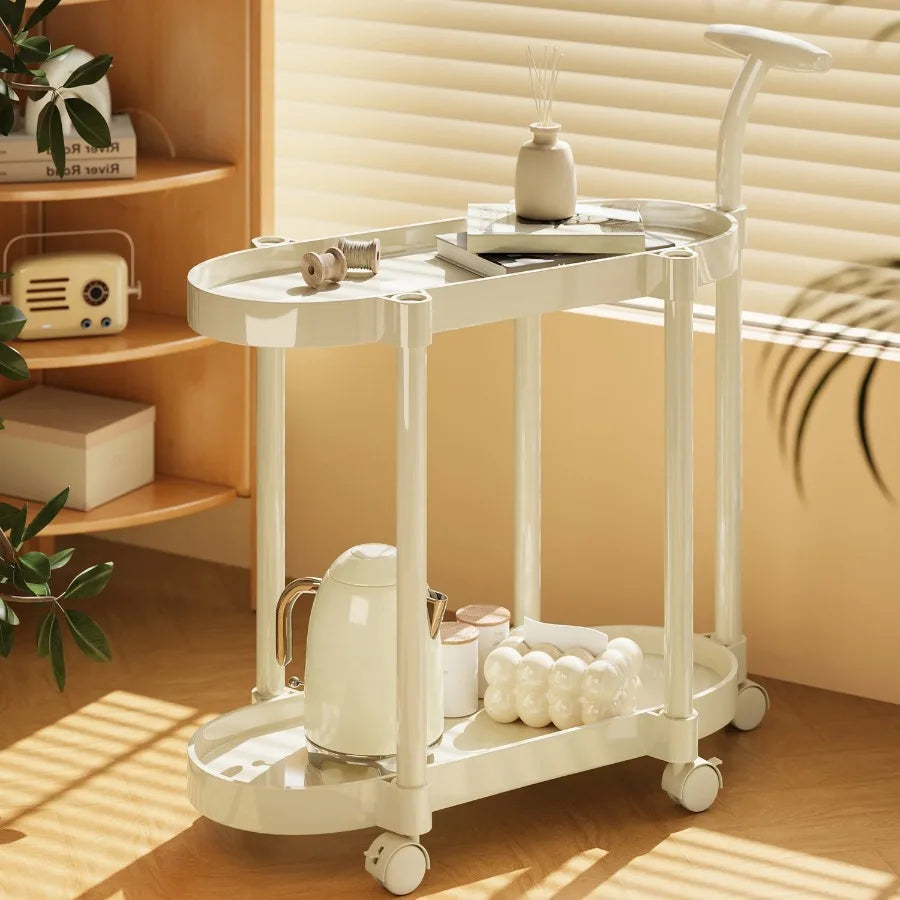 Cream Style Coffee Table Cart Creative Double-layer Snack Rack Bedroom Living Room Mobile Side Table Bedside Table Storage Rack
