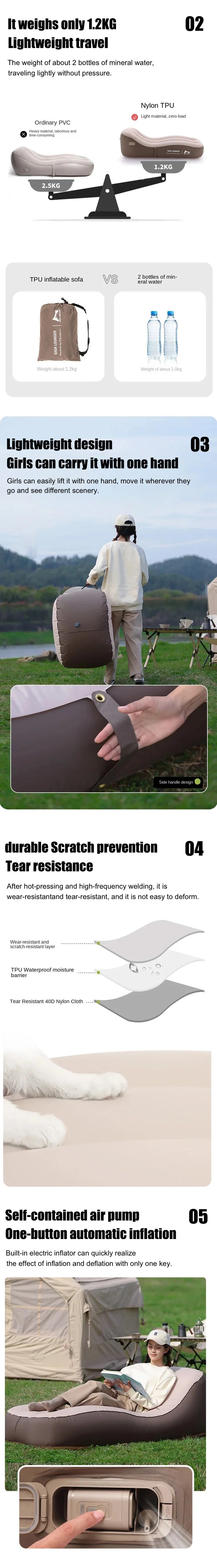 One Click Automatic Inflatable Chair, Outdoor Portable Camping Inflatable Sofa  USB Charging  Family Travel Lazy Air Cushion Bed