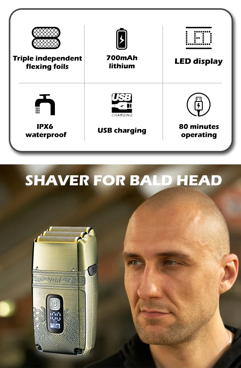 VGR Shaver Professional Electric Razor Shaving Machine Waterproof Beard Trimmer Metal Razor Digital Display Shaver for Men V-335