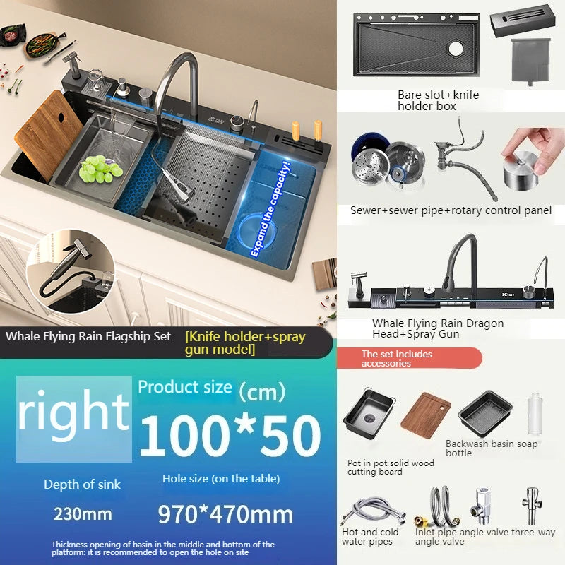 Kitchen Sink Stainless Steel Waterfall Sinks Extra Large Single Slot with Digital Display Faucet Set For kitchen